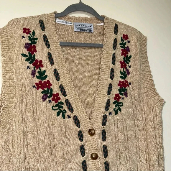 Women’s Vintage Floral Plaid Hand Embroidered Tan  Knitted Buttons Sweater Vest - Picture 5 of 14